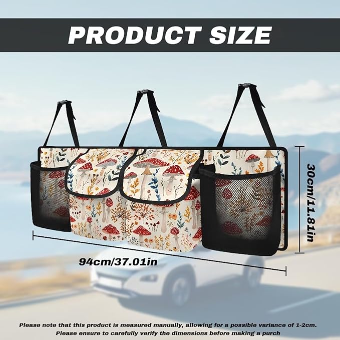 Car Trunk Organizers, Mushroom Backseat Hanging Organizer with 4 Large Storage Bag, Waterproof Car Organizer with Adjustable Strap, Road Trip Large Capacity Bag