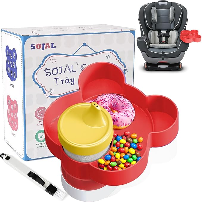 BlueOrigin Car Seat Snack Tray - Travel Tray for Kids Car Seat, Stroller, Booster and Anywhere with a Cup Holder, Toddler Road Trip Essentials Food Plate for Snacks, Toys, Entertainment (Red)