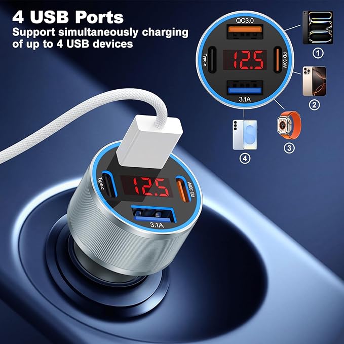 USB C Car Charger, 65W 4-Ports USB Fast Charging PD30W Cigarette Lighter Charger Adapter Digital Voltage Display with 2X USB Cables for iPhone 16 15 14 13, Samsung Galaxy S25 S24 S23, iPad & Tablets
