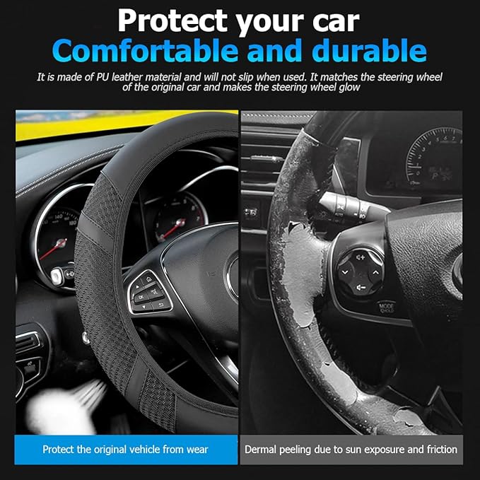 Zipelo Elastic Stretch Car Steering Wheel Cover, Leather Breathable Vehicle Steer Wheel Protective Guard, Anti-Slip Automotive Steer Wheel Protector Accessories, Universal for Most Cars (Black)