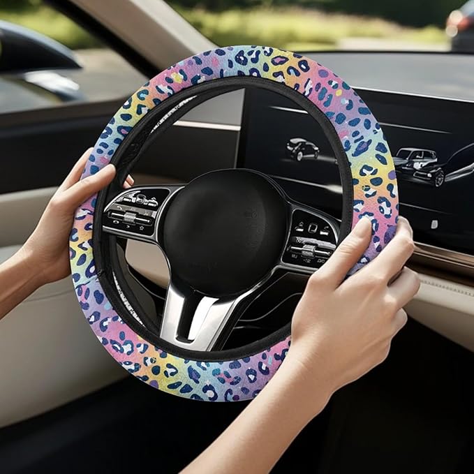 Universal Non-Slip Steering Wheel Cover, 15-inch Polyester Material Driving Accessories, Adjustable for Car and Truck(Dreamy Color Leopard)