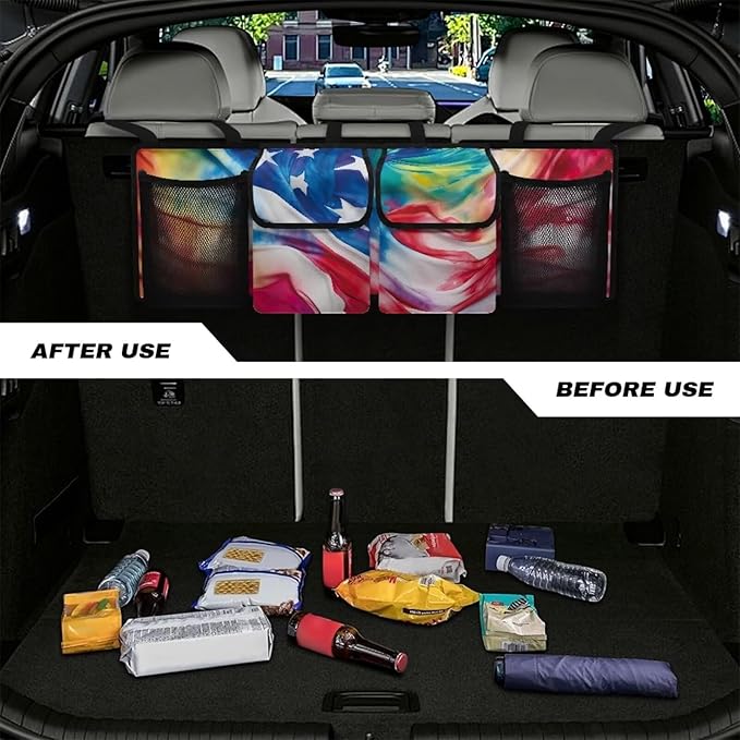 American Flag Large Capacity Car Trunk Organizer, Waterproof Oxford Backseat Hanging Storage Bag with 4 Pockets, Foldable Car Organization for Car Tools, Car Accessory for SUV Truck