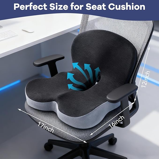 Ergonomic Seat Cushion for Office Chair & Car - Memory Foam Car Cushions for Driving with L-Shaped Design, Adjustable Strap, Non-Slip Bottom - Orthopedic Pad for Truck Driver (Dark Grey)