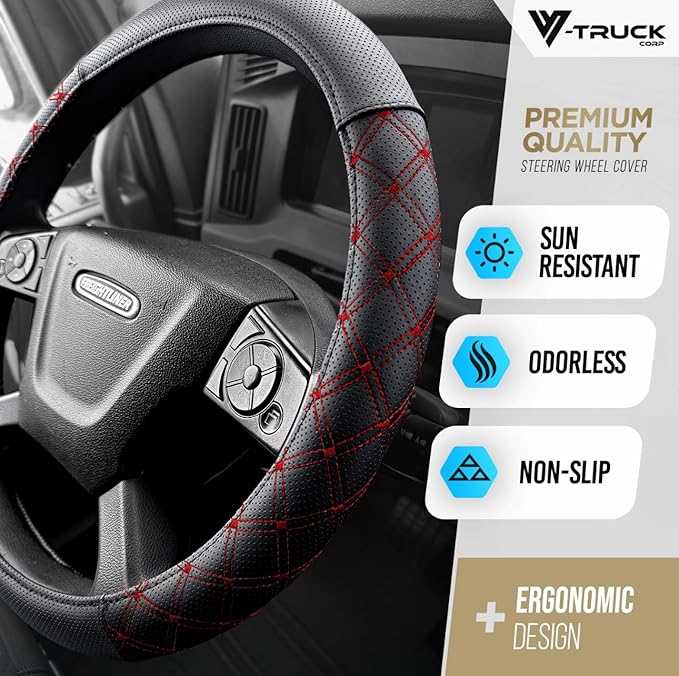 Genuine Leather Steering Wheel Cover for Semi Truck – 18" X-Large, Black with Red Diamond Stitching, Anti-Slip Grip, Fits 18 Inch Wheels for Big Rig, RV & 18 Wheeler Trucks (Black/red)