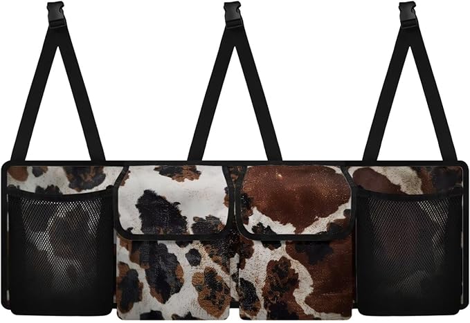 Cow Print Car Trunk Organizer, Large Capacity Auto Backseat Hanging Organizer, Thick Backseat Storage Bag with 2 Pockets, 2 Mesh Pockets, Car Trunk Tidy Storage Bag with Lids