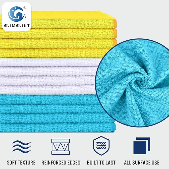 GLIMGLINT Microfiber Cleaning Cloth, 12 Pack Cleaning Rags, Cleaning Towels with 3 Color Assorted, 14"X12"(Yellow/White/Blue)