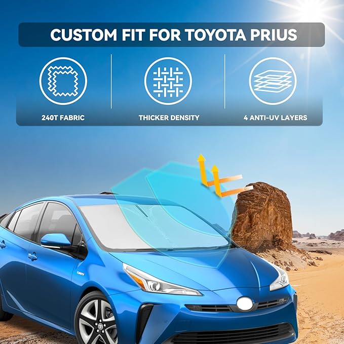 for Toyota Prius 2023-2025 2026 Windshield Sun Shade - 4 Layers Car Sunshades for Front Windows Shade Cover Custom Fit Prius Sun Visor 240T Retractable Shade Blocks UV Rays Car Accessories