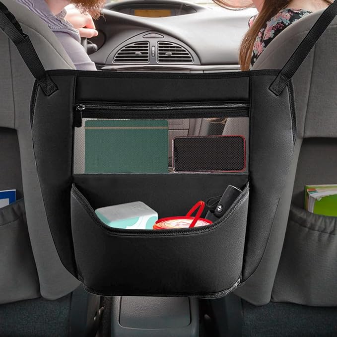 Car Organizer Between Front Seats - Large Capacity Leather Seat Back Storage Bag Car Purse Holder with Mesh Net Pocket, Universal Multi-functional Handbag Holder & Backseat Barrier for Kids Pets