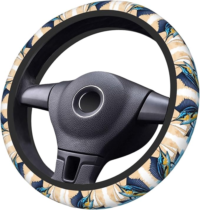 Beautiful Blue Marlin Pattern Car Steering Wheel Cover, 15 Inch Steering Wheel Cover Stylish Decor for Most Cars