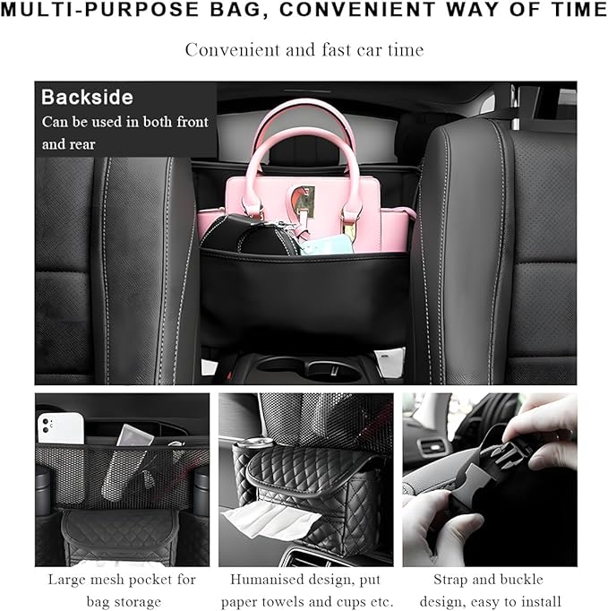 Car Purse Holder Between Seats, Luxury Leather Front Seat Back Handbag Organizer with Tissue Box Cup Holders, Auto Large Capacity Multi Pocket Purse Holder Hanging Storage Bag (Black)