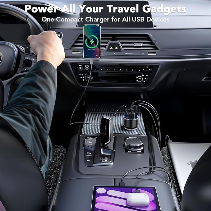 USB Car Charger, 2 Pack Cigarette Lighter USB Charger Aluminum Alloy Fast Charging Car Charger Adapter with Voltage Display Type C Car Accessories for iPhone 17 16 Samsung Galaxy Google iPad Android