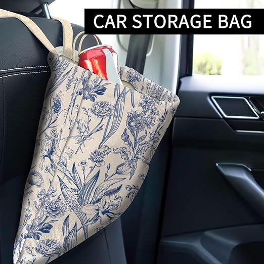 Car Trash Can, Cute Car Trash Bag, Hanging Car Organizer and Storage Bag, Trash Bin for Car Accessories, Vehicle, Travelling, Camping Cute Blue Floral