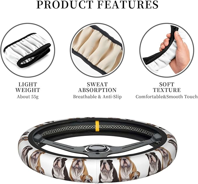 Elastic Steering Wheel Cover, English Bulldogs Car Wheel Covers for Women Men Anti-Slip Steering Wheel Protector Car Accessories, Universal 15 Inch Fit Auto, Suvs, Truck