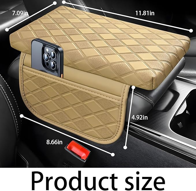 Car Center Console Cover, Leather Vehicle Armrest Pad with 2 Side Storage Bags, Comfortable Auto Interior Middle Console Storage Box Cushion Accessories, Universal for Most Cars (Beige-1)