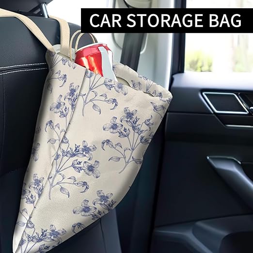 Car Trash Can, Cute Car Trash Bag, Hanging Car Organizer and Storage Bag, Trash Bin for Car Accessories, Vehicle, Travelling, Camping White Blue Floral