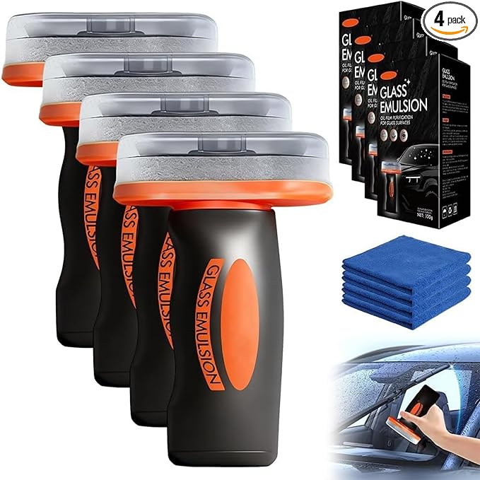 4 Packs Handheld Glass Oil-Film Remover, Car Glass Cleaner Oils Film Cleaning Brush, Q4 Glass Guard Windshield Cleaner & Oil Films Remover Emulsion Coating for Cars Window, Crystal Clear View