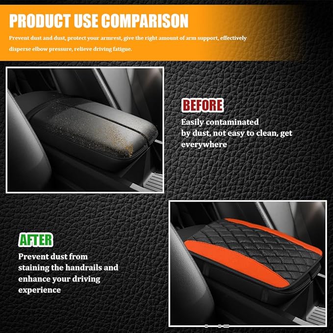 Car Center Console Cover, Leather Waterproof Armrest Seat Box Cushion Pad, Universal Decor Protector Mat, Comfortable Car Decor Accessories Fit for Most Cars, Vehicles, SUVs (Orange)