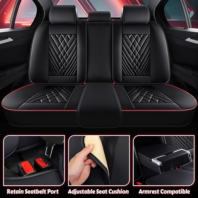 for Kia Sportage Car Seat Covers Full Set,Leather Seat Covers for Car,Lumbar Muscle Pain Healing Function,Waterproof Automobile Seat Protector with Lumbar Support(Black Red with Pillow)