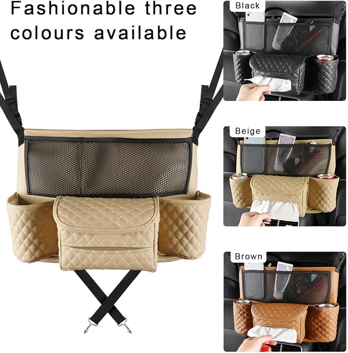 Car Purse Holder Between Seats, Luxury Leather Front Seat Back Handbag Organizer with Tissue Box Cup Holders, Auto Large Capacity Multi Pocket Purse Holder Hanging Storage Bag (Beige)