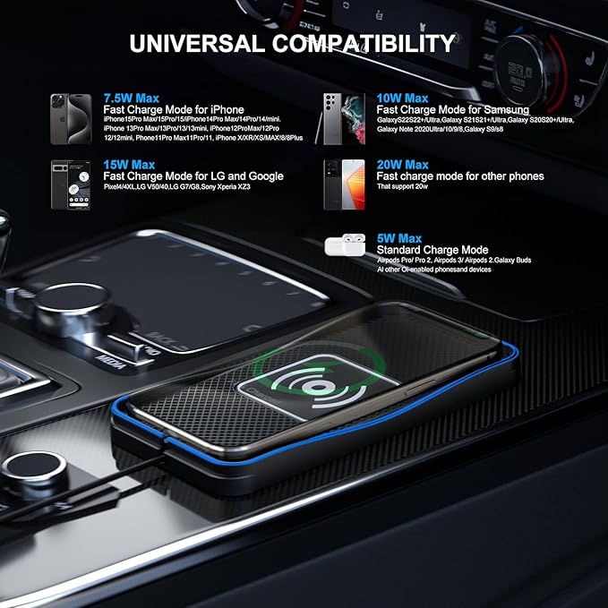 Wireless Car Charger, 15W Max Wireless Charger for Car, Non-Slip Charging Pad Compatible with iPhone 16/15/14/13/12, Samsung Galaxy S25-S9, Android Devices (Type C)