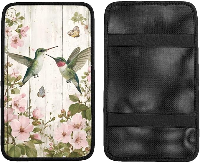 Hummingbird Center Console Cover Pad, Flower Butterfly Car Armrest Seat Box Cover Cushion Universal for Most Vehicle SUV Truck, Car Interior Accessories Decor, Protect from Pet Claws & Dirt