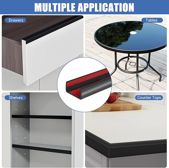 Slimline Cabinet Door Edge Protector, 3/4" Self Adhesive Peel and Stick Rubber Edge Guards, Flexible U Shaped Strips for Kitchen & Garbage Drawer Fronts, Edge Trims for Desks and Shelfves, Black, 10Ft