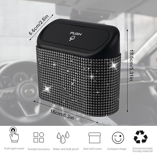 Bling Car Trash Can with Lid Mini Auto Garbage Bin Rhinestone Hanging Vehicle Trash Container Odor Proof Organizer (Black)