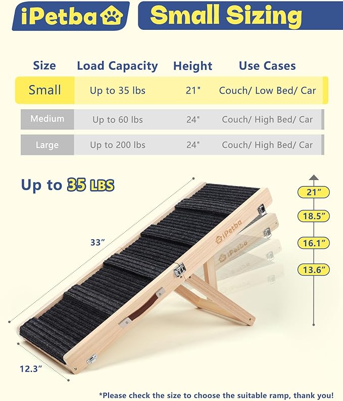 iPetba Dog Ramp for Couch & Low Bed - Joint & Spine Support with Gentle Incline for Small Dogs, Adjustable, Anti-Slip & Foldable, Up to 35 lbs