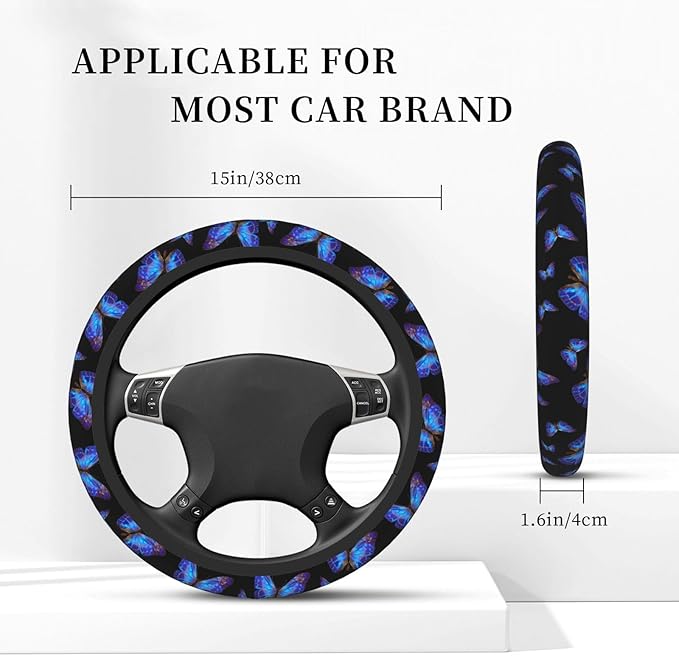 Blue Butterfly Neoprene Steering Wheel Cover Anti-Slip Elastic Steering Wheel Protector 15in Universal Car Accessories Fit Cars, SUVs, Auto