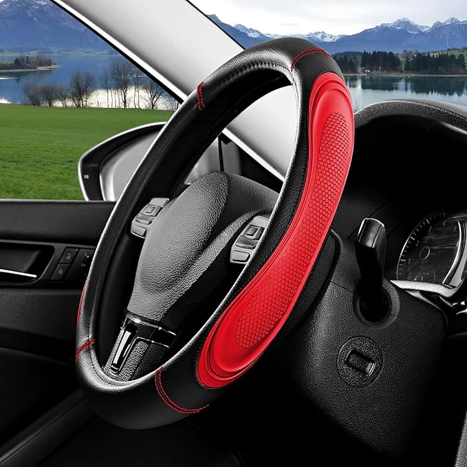 Red Film Splicing Leather Steering Wheel Cover, Microfiber Leather, Anti-Slip, Breathable, Universal Fit for 14.5–15 in Steering Wheel Cover for Men Women