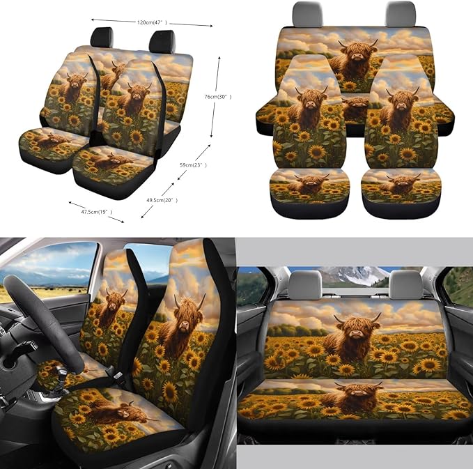 10 Piece Car Seat Cover Sets for Women and Men, Highland Cattle Sunflower Printed Car Front and Back Seat Protector Steering Wheel Cover Trash Can Air Vent Storage Bag Wristlet Keychain