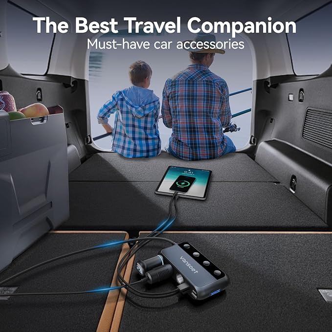 158W 9 in 1 Cigarette Lighter Splitter with 3 Socket Multi Port Car Charger Adapter Dual PD30W and 3 USB-A QC3.0 DC 12V/24V Independent Switches and Voltage Display for Car Truck Ipad Camping
