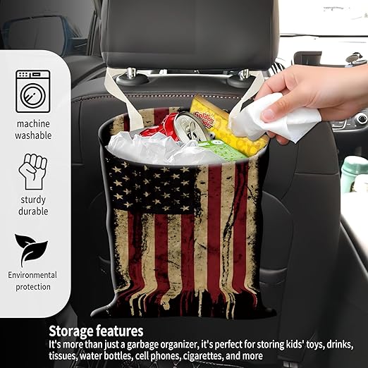 ADQWIOVL Car Garbage Can, Seat Back Hanging Cute Car Trash Can Bag, Car Organizer and Storage Bag for Travelling, Outdoor Vintage American Flag