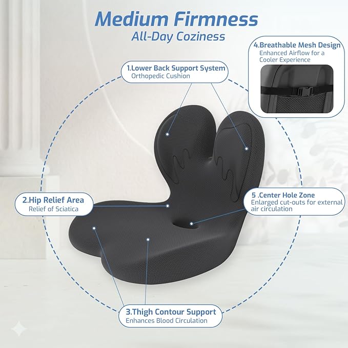 Trucker Seat Cushion, Car Seat Cushion Memory Foam Ergonomic Lumbar & Tailbone Support Pillow for Hemorrhoid, Coccyx & Sciatica Relief, for RV, SUV, Office Chair, Wheelchair (Black Embroider)