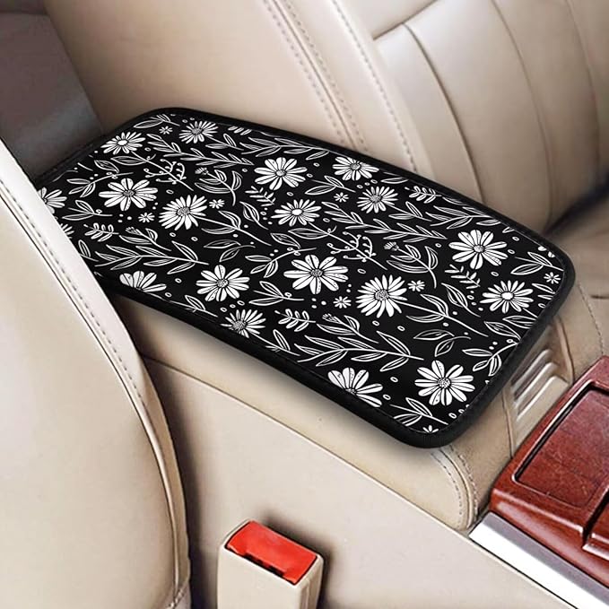 Daisy Car Center Console Cover Black White Floral Armrest Cushion Cute Arm Rest Protector Interior Accessories Fit for Most Cars Sedans Vans Truck Vehicles SUV