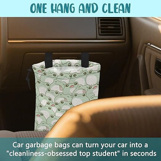 KXWQTRDD Car Garbage Bag Cute Frog Kiddie Hanging Canvas Car Trash Bag Waterproof Drawstring Car Back Seat Organizer for Car Back Front Seat Console with Adjustable Buckle