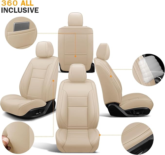EQUIDEVDY Seat Covers for Chevy Silverado GMC Sierra,2007-2025 1500/2500/3500HD Crew,Double,Extended Cab Truck Breathable & Waterproof Faux Leather Seat Covers(Beige Full Set)