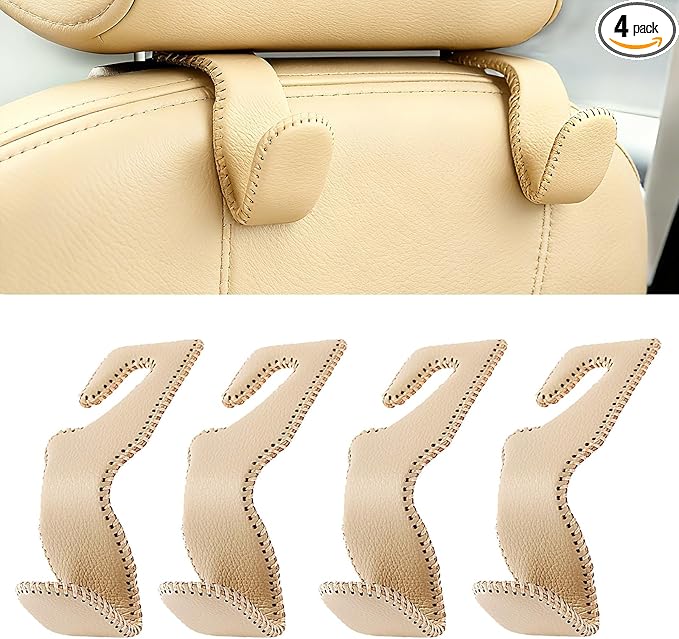 AMVOYOA Headrest Hooks for Purses and Bags, Car Back Seat Headrest Hanger Vehicle Beige Leather Storage Hook, Pack of 4