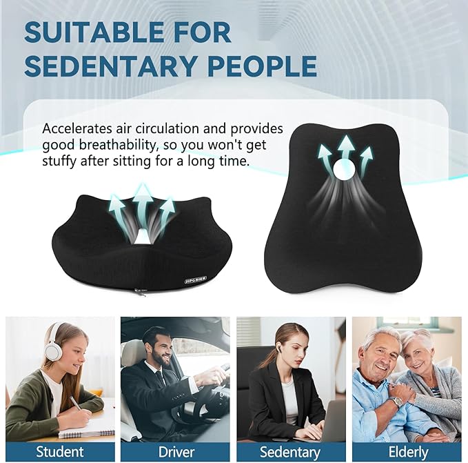 JIPORIER Seat Cushion & Lumbar Support Pillow Set for Office Chair, Ergonomic Pillow for Sciatica Pain Relief, Memory Foam Back Support Pillow & Chair Cushion for Car seat, Desk Chair (Black)