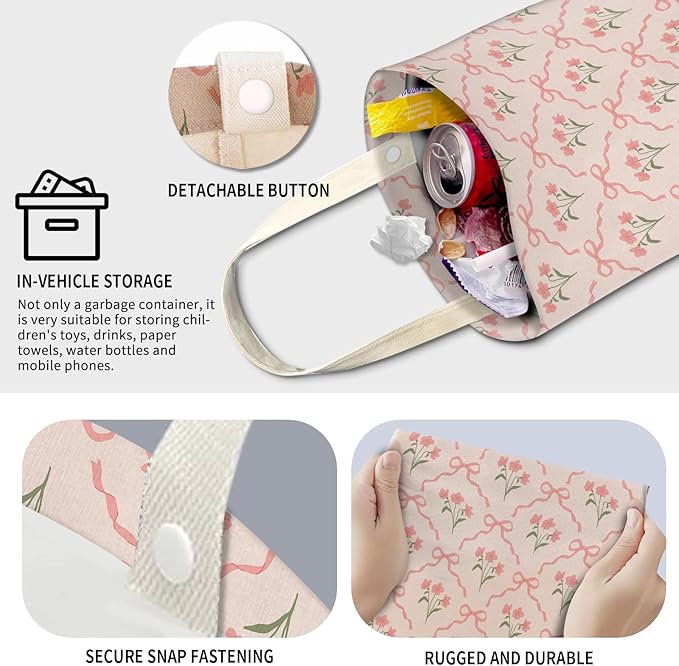 Cute Car Trash Can, Hanging Canvas Car Back Seat Organizer and Storage Bag, Funny Car Trash Bag for Travelling, Outdoor Cute Pink Flower