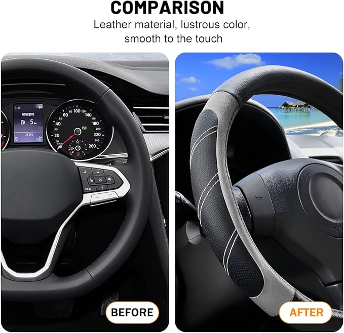 Car Steering Wheel Cover, 14.5-15" Non-Slip Leather Sporty Vehicle Steering Wheel Protector, Breathable Auto Interior Decoration Accessories, Universal for Van Truck Sedan (Black/Gray)