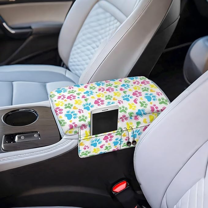 Dreaweet Colorful Dog Paw Arm Rest Cover for Car Women Thick Center Console Armrest Pad with Pockets Auto Accessories Interior Car Center Console Cushion Pad