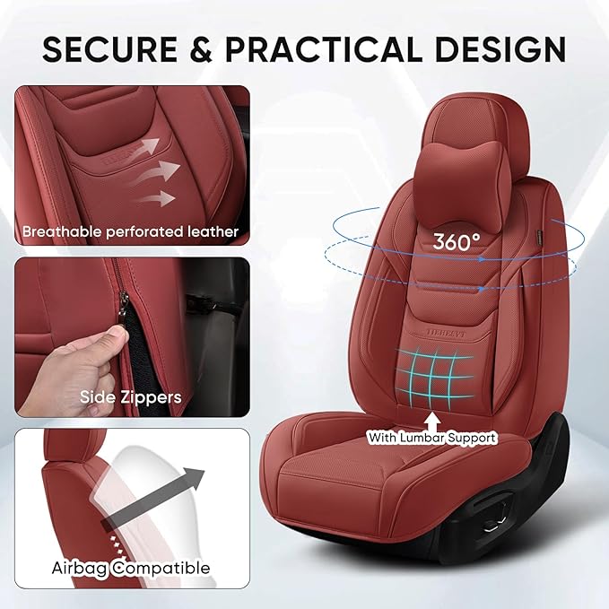 TIEHESYT Wine Red Car Seat Covers Full Set, Breathable Leather Automotive Front and Rear Seat Covers & Headrest for Comfortable Driving, Universal Auto Interior Fit for Most Kinds of Vehicles, Cars