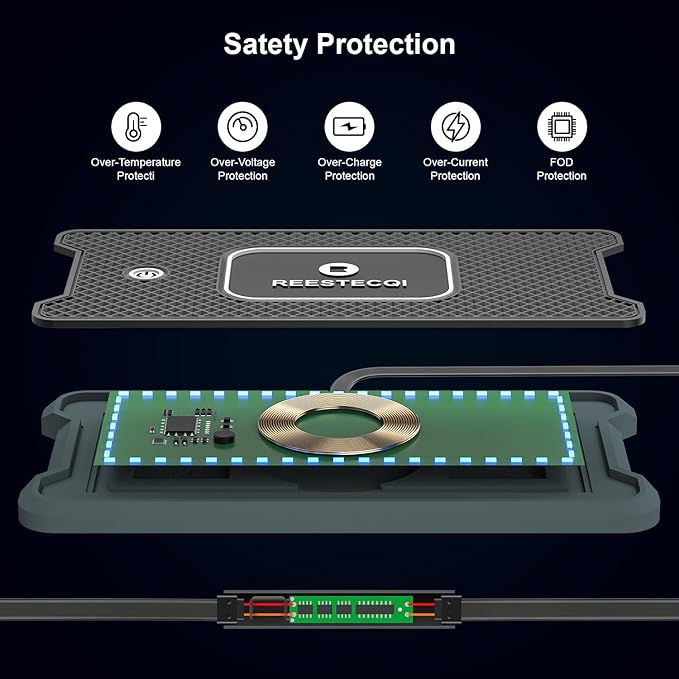Wireless Car Charger Pad, REESTECQI 15W RGB Wireless Charger for Car Type C Non Slip Charging Pad for Car Compatible with Airpods iPhone 16/15/14/13/12,Samsung Google (30CM Cable)