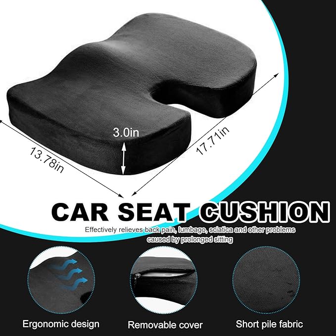Memory Foam Seat Chair Cushion, Comfortable Auto Cushions for Long Periods of Sitting, Pregnancy Car Seat Cushion for Back, Coccyx & Sacrum Pain Relief, Car Accessories (Black)