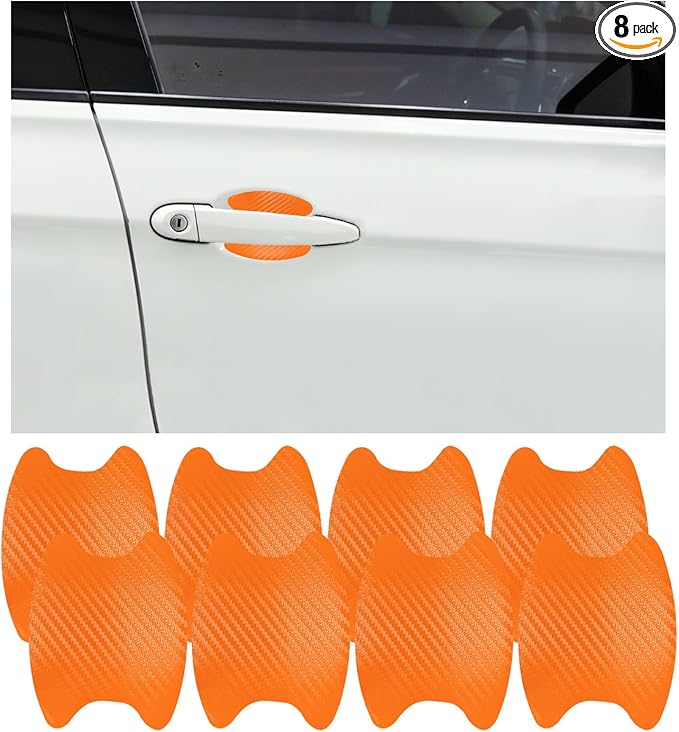 Ziciner 8 PCS Car Door Handle Sticker, Carbon Fiber Texture Auto Door Handle Protective Films, Anti-Scratches Door Side Handle Paint Guard, Universal Vehicle Accessories for Most Car (Orange)