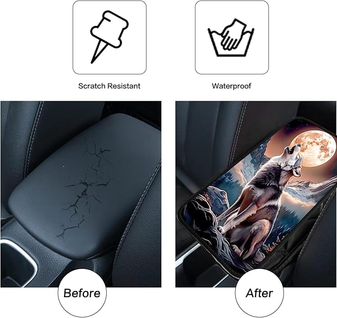 JANENFNA Car Armrest Cover Pads Universal Fashion Cute Auto Center Console Armrest Cover Pad with 2PCS Car Coasters Soft Waterproof Car Armrest Seat Protector for Women,Wolf Moon Howl-A