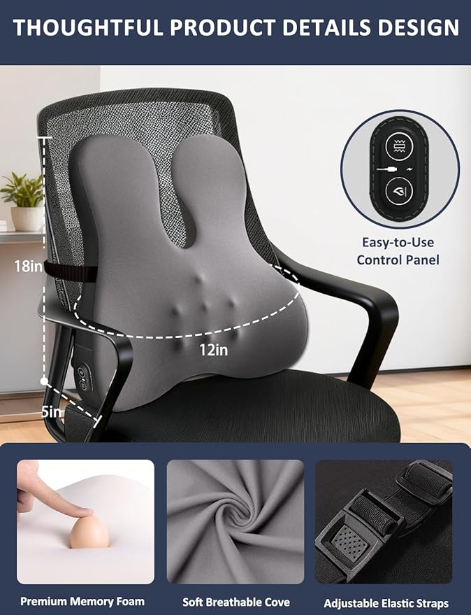 Lumbar Support Pillow for Office Chair,Heated Back Support Pillow with Vibration, Ergonomic Back Massage Pillow for Pain Relief, Memory Foam Lumbar Pillow for Car,Desk Chair,Gifts for Mom Dad