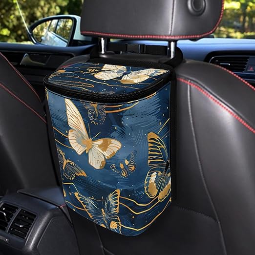 Deep Blue Car Trash Bin Adorned with Gold Butterfly Accents, Featuring a Zippered Portable Design to Keep Vehicle Neat and Organized