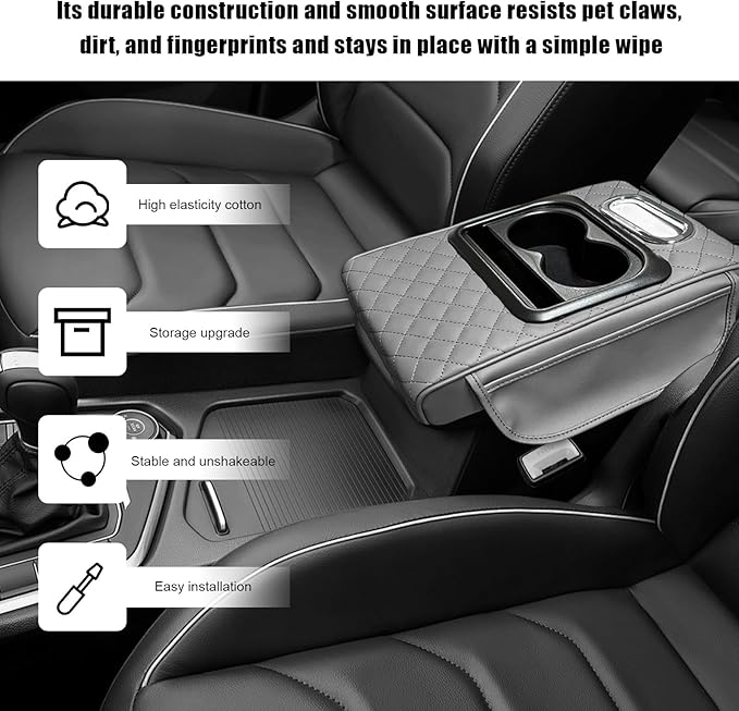 Car Center Console Armrest Pillow, Leather Arm Rest Cover Pad with 2 Storage Pockets Cup Holder & Phone Slot, Soft Middle Console Cushion Protector for Most Vehicles (Gray, Embroidered)